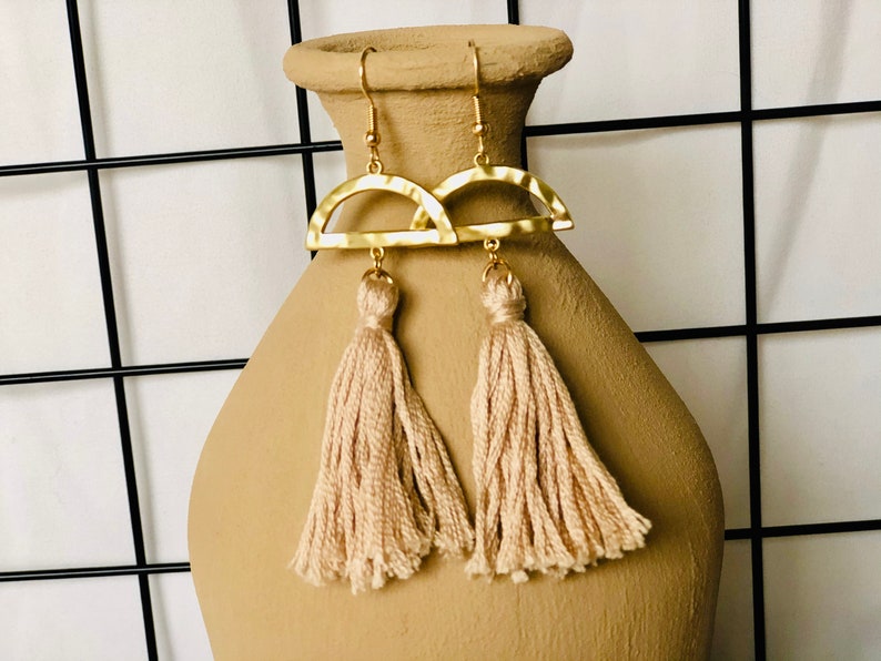 Crescent Beige Tassel Earrings