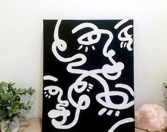 Minimalist Abstract White on Black Line Art Face Print