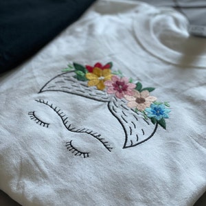 Pu&ograve; includere: Maglietta bianca con un ricamo che rappresenta il viso di Frida Kahlo con una corona di fiori. I fiori sono rosa, gialli, blu e rossi.