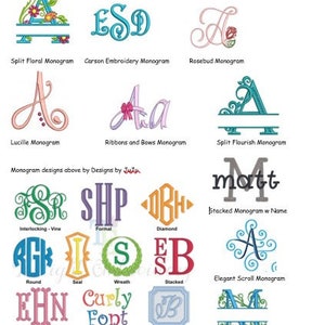 May include: A chart showing different monogram styles, including split floral, Carson embroidery, rosebud, Lucille, ribbons and bows, split flourish, interlocking vine, formal, diamond, round, seal, wreath, stacked, fishtail, curly font, embossed, elegant scroll, and scrolling split. The text "Available Monograms" is at the top of the chart.