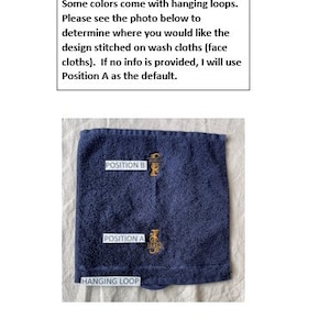 May include: A dark blue washcloth with a hanging loop. The washcloth has two embroidered designs, one labeled "POSITION A" and the other labeled "POSITION B".
