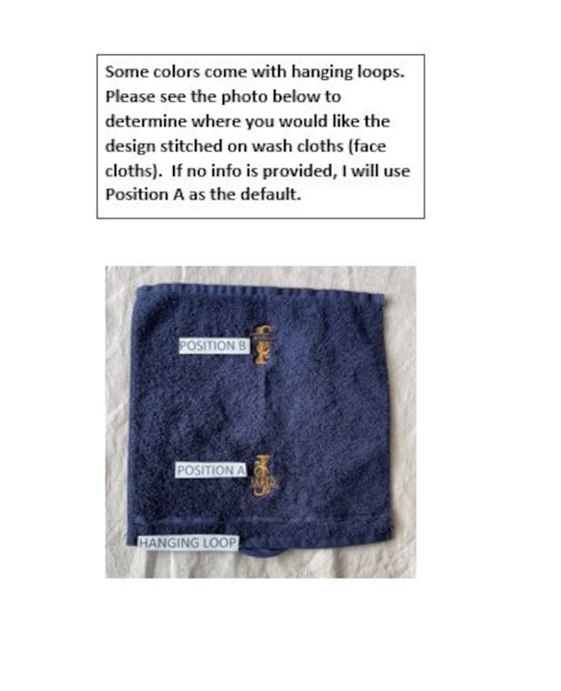 May include: A dark blue washcloth with a hanging loop. The washcloth has two embroidered designs, one labeled "POSITION A" and the other labeled "POSITION B".