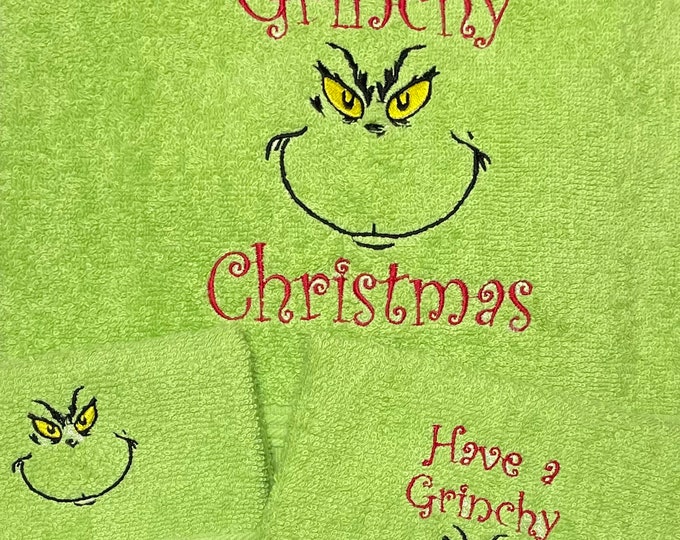 Grinch Embroidered Bath Towel, Grinch Hand Towel, Grinch Kids Towel