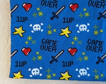Video Game theme fabric on blue background , 100% Cotton, Fat Quarter, Crafts, Quilting, Apparel