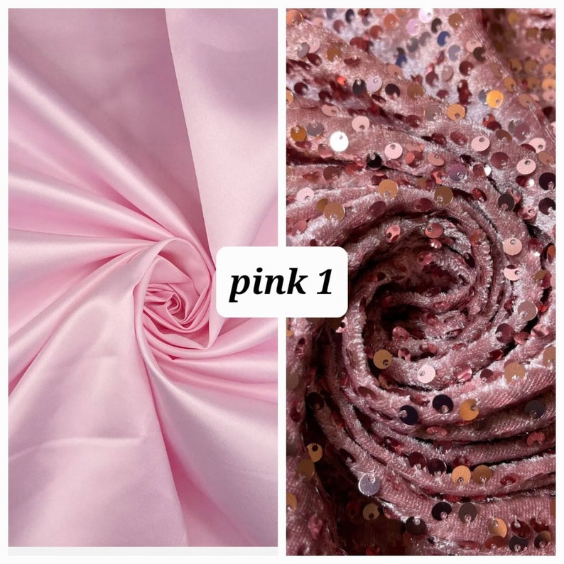 Puede incluir: Dos muestras de tela, una es un sat&eacute;n rosa liso y la otra es una tela de terciopelo rosa con lentejuelas. El texto "pink 1" est&aacute; escrito en la imagen.