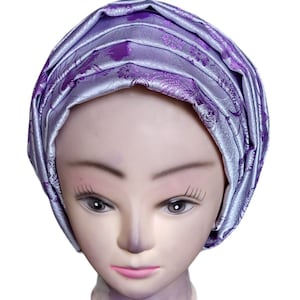 Brocart damassé de luxe autogele turban multiple, autogele lilas, gele pré-noué