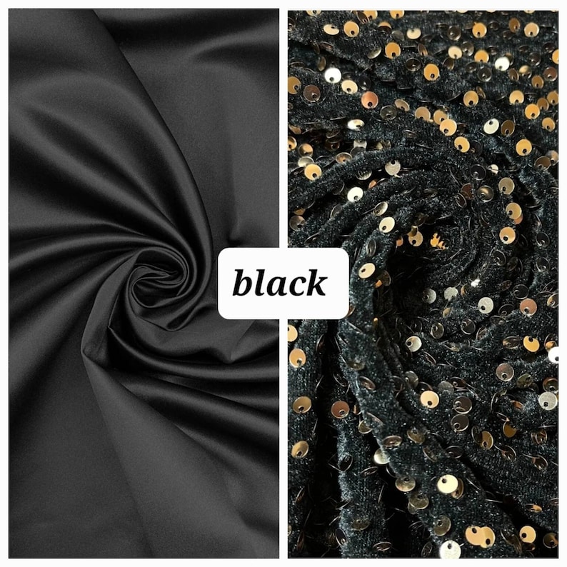 Puede incluir: Dos muestras de tela, una de sat&eacute;n negro y otra de terciopelo negro con lentejuelas doradas. La palabra "negro" est&aacute; impresa en la imagen.
