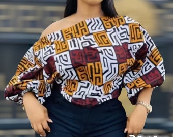 Classy Ankara blouse for women, maxi blouse, danshiki bogus sleeve top, plus size blouse, African print blouse, asymmetric neckline blouse