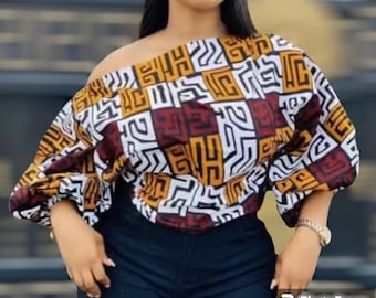 Blusa Ankara, escote asimétrico, estampado africano, talla grande