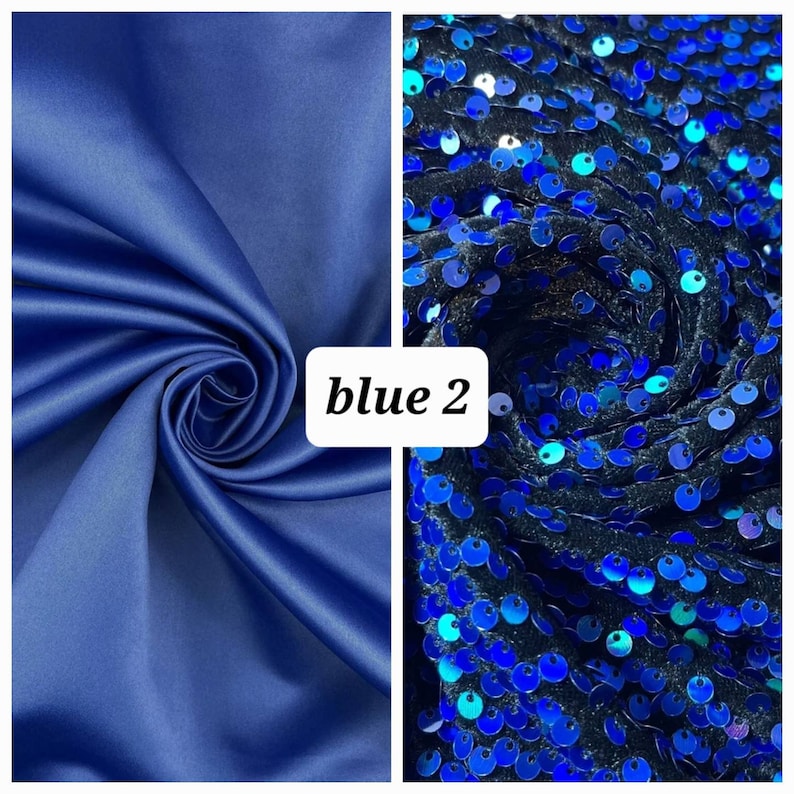 Puede incluir: Dos muestras de tela, una es un sat&eacute;n azul s&oacute;lido, la otra es una tela azul con lentejuelas sobre un fondo negro. El texto "blue 2" est&aacute; impreso en la imagen.