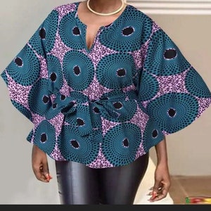 Ankara blouse for women, maxi blouse, danshiki print, long flare sleeves top, loose dress, plus size blouse, belted African print blouse
