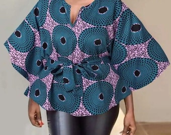 Ankara blouse for women, maxi blouse, danshiki print, long flare sleeves top, loose dress, plus size blouse, belted African print blouse