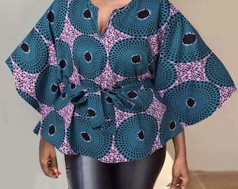 Blusa de algodón Ankara, top con estampado africano y cinturón, talla grande