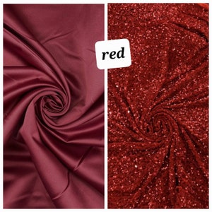Puede incluir: Dos muestras de tela roja. La tela de la izquierda es un material liso y satinado. La tela de la derecha es una tela de terciopelo rojo con lentejuelas.