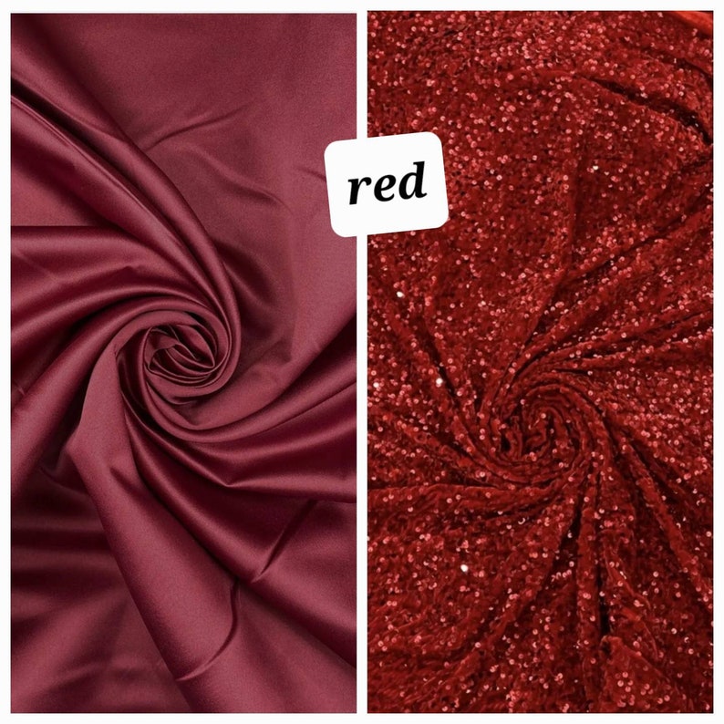 Puede incluir: Dos muestras de tela roja. La tela de la izquierda es un material liso y satinado. La tela de la derecha es una tela de terciopelo rojo con lentejuelas.