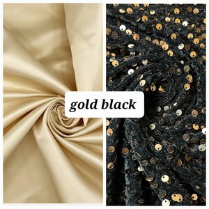 Puede incluir: Dos muestras de tela, una es un sat&eacute;n dorado liso, la otra es una tela de terciopelo negro con lentejuelas doradas. El texto "gold black" est&aacute; escrito en la imagen.
