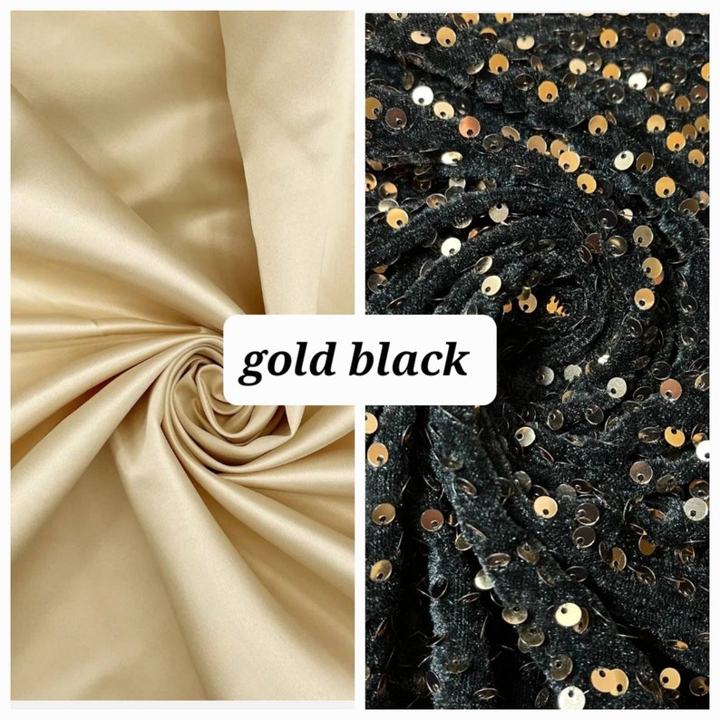 Puede incluir: Dos muestras de tela, una es un sat&eacute;n dorado liso, la otra es una tela de terciopelo negro con lentejuelas doradas. El texto "gold black" est&aacute; escrito en la imagen.