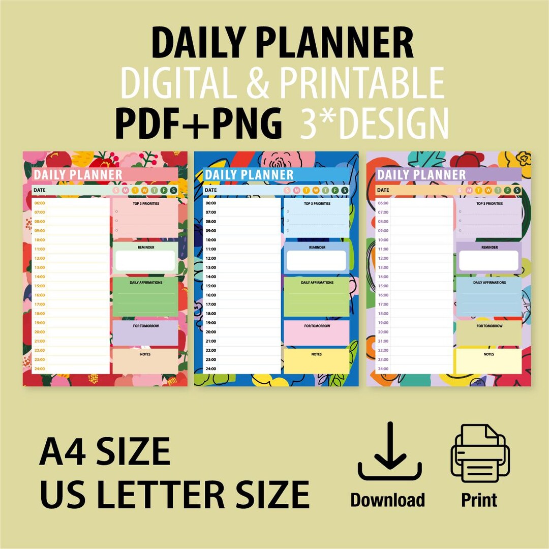 Floral Daily Planner Printable: Colorful A4 & US Letter PDF + PNG - Etsy