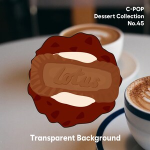 May include: A dark brown chocolate chip cookie graphic featuring a rectangular Lotus biscuit in the center with white cream accents. The image includes the text C-POP Dessert Collection No.45 and Transparent Background in white lettering.