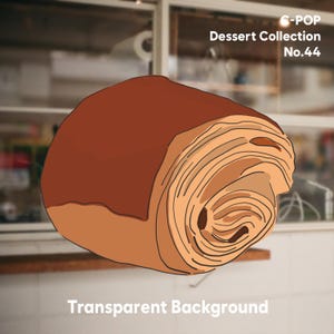May include: A digital illustration of a chocolate-filled pastry with visible flaky layers and a smooth brown top. The image includes the text C-POP Dessert Collection No.44 and Transparent Background, presented in a clear, graphic style.