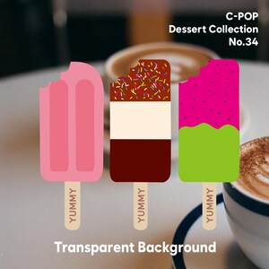 Puede incluir: Tres ilustraciones de paletas etiquetadas como C-POP Dessert Collection No.34. La primera es rosa sólido, la segunda tiene chocolate marrón, crema blanca y chispas de colores, la tercera es rosa y verde. Cada palo de madera tiene impreso YUMMY.