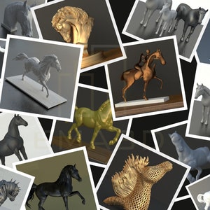 May include: A collage of various horse sculptures in different styles and materials, including gold, silver, and black. Some sculptures are realistic, while others are more abstract. The sculptures are displayed on a white background.