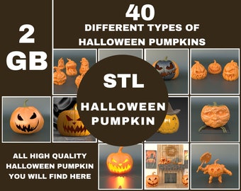 Pode incluir: Uma coleção de 40 arquivos STL diferentes para impressão 3D de abóboras de Halloween. A imagem mostra uma variedade de abóboras com diferentes expressões faciais e designs. O texto "2 GB" e "STL Halloween Pumpkin" é visível na imagem.