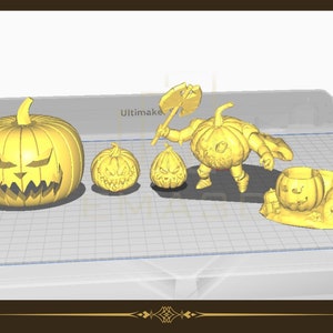 May include: A set of four 3D printed Halloween pumpkin figurines. The largest pumpkin is holding an axe and has a menacing expression. The other pumpkins are smaller and have different facial expressions. The pumpkins are all painted in a bright yellow color.
