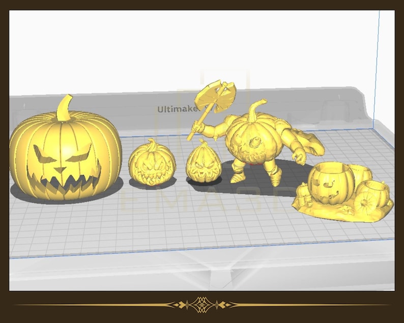 May include: A set of four 3D printed Halloween pumpkin figurines. The largest pumpkin is holding an axe and has a menacing expression. The other pumpkins are smaller and have different facial expressions. The pumpkins are all painted in a bright yellow color.