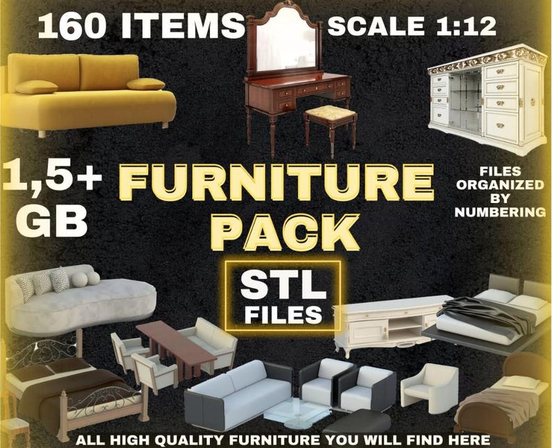 Puede incluir: Una ilustraci&oacute;n digital de un paquete de muebles con 160 art&iacute;culos, m&aacute;s de 1,5 GB de archivos STL y una escala de 1:12. La imagen muestra una variedad de muebles, incluyendo sof&aacute;s, sillas, mesas y camas.