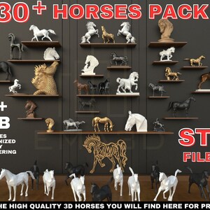 May include: A collection of 30+ 3D printed horse models in various poses and styles. The models are organized by number and come in a variety of colors, including gold, silver, black, and white. The models are made of STL files and are over 1 GB in size.  "30+ HORSES PACK" and "STL FILES" are written in red text at the top and bottom of the image.