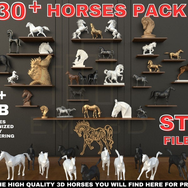 Cheval 3D STL | Pack de 30 chevaux modèle 3D | Imprimer des animaux en 3D | Fichiers STL Modèle d'impression 3D | cheval 3D