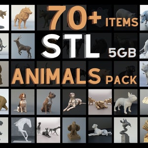 Puede incluir: Una colección de más de 70 modelos de animales imprimibles en 3D en formato STL. El paquete incluye una variedad de animales, incluyendo un lobo, un ciervo, un león, un oso, un perro, un gato, un caballo, un pájaro y un toro. El paquete tiene un tamaño de 5 GB.