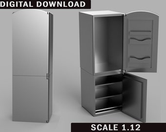 Pode incluir: Um refrigerador prateado com um compartimento de congelador na parte superior. A porta do refrigerador está aberta, revelando prateleiras e uma gaveta. A porta do congelador também está aberta, revelando prateleiras. O refrigerador está na escala 1:12.
