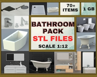 Paquete de baño STL de más de 70 artículos -escala 1/12- Miniatura de casa de muñecas- Inodoro STL- Lavabo STL- Ducha STL- y más para impresión 3D