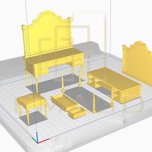 Puede incluir: Un conjunto de cinco muebles de madera de color dorado, que incluye un escritorio con un cabezal alto, un escritorio m&aacute;s peque&ntilde;o, una mesa auxiliar, una peque&ntilde;a unidad de cajones y un cabezal para una cama.