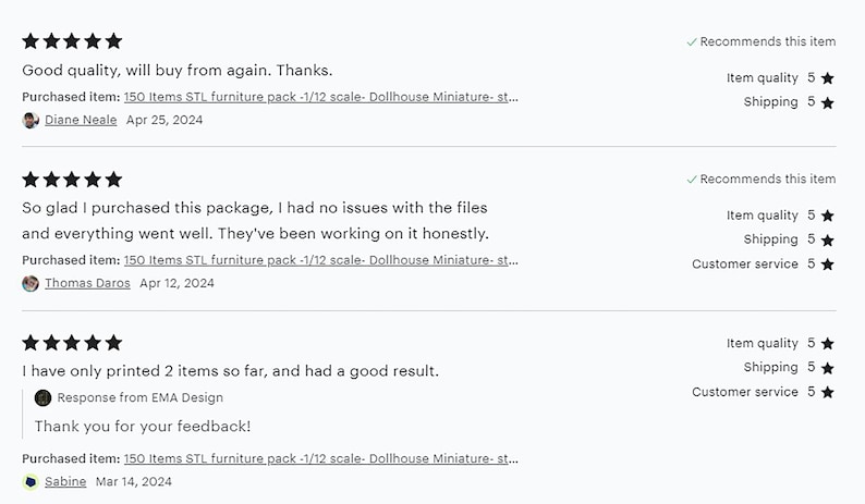 Puede incluir: Cinco estrellas para una descarga digital de 150 art&iacute;culos de muebles de casa de mu&ntilde;ecas imprimibles en 3D. Las rese&ntilde;as destacan la calidad de los archivos, la facilidad de impresi&oacute;n y la capacidad de respuesta del vendedor.