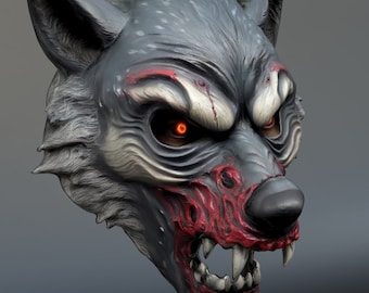 Pode incluir: Uma máscara de lobo rosnando com um esquema de pintura cinza e vermelho. A máscara tem olhos vermelhos brilhantes e dentes afiados.