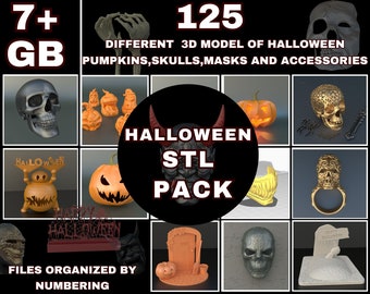 May include: A collection of 125 3D printable Halloween models, including pumpkins, skulls, masks, and accessories. The models are organized by number and come in a variety of styles. The text "Halloween STL Pack" is displayed in a red circle with a devil's face.