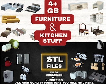 Paquete de utensilios de cocina y muebles - Miniatura de casa de muñecas - Utensilios 3D - Archivos STL para impresión 3D