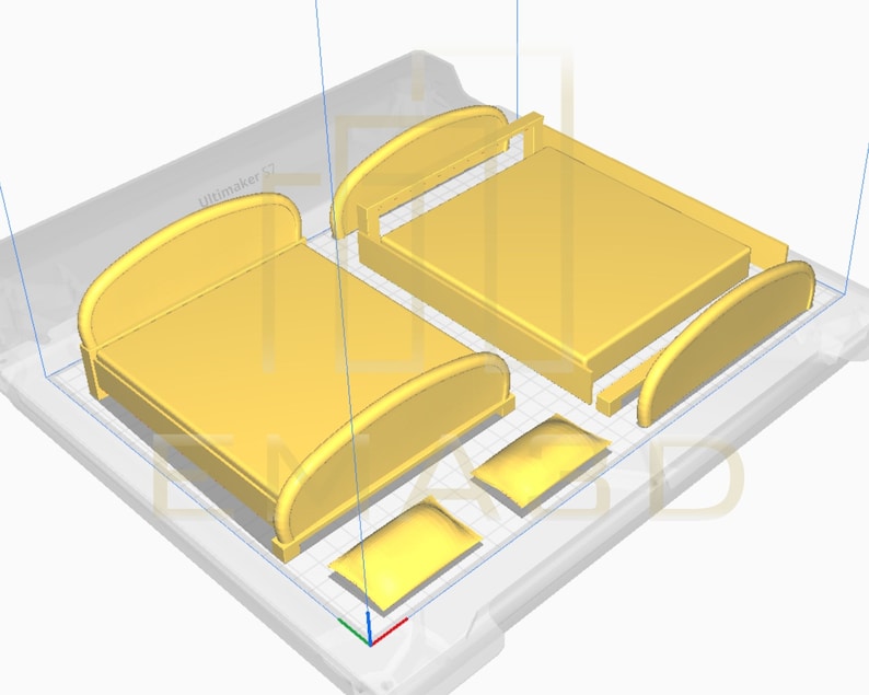Puede incluir: Un modelo impreso en 3D de un marco de cama con dos almohadas. El marco de la cama est&aacute; hecho de pl&aacute;stico amarillo y tiene una cabecera curvada. Las almohadas tambi&eacute;n son amarillas y tienen una forma redondeada.