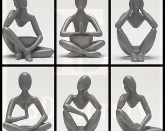 Pode incluir: Seis figuras humanas cinzas estilizadas em várias poses sentadas. As figuras são abstratas e minimalistas no design.