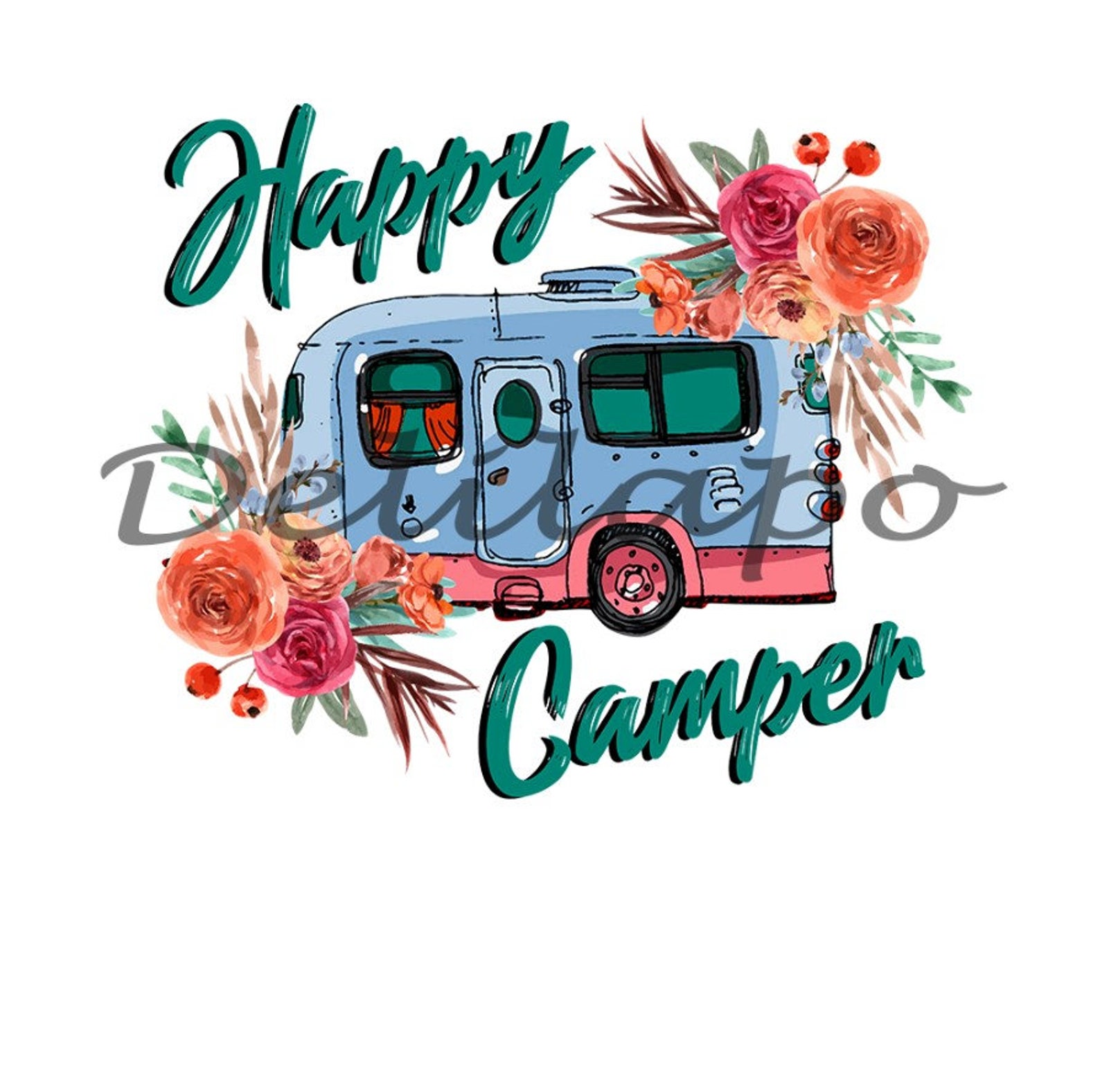 Happy Camper with flowers clipart instant download | Etsy