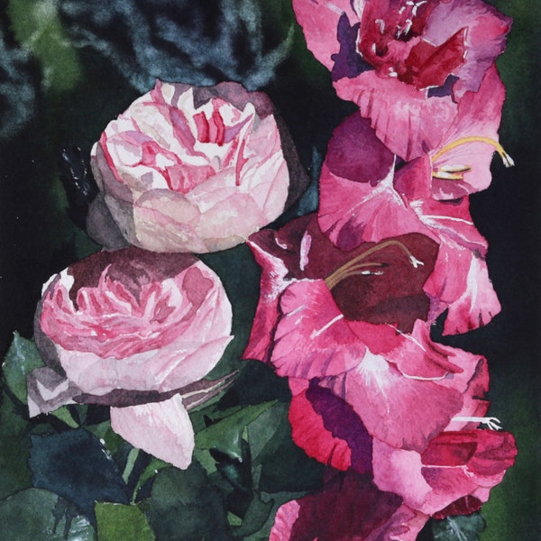English Roses and Gladiola: Original watercolor reproduction, limited edition, floral art