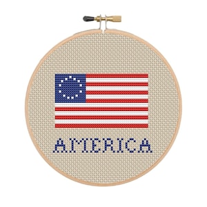 4th of July Primitive Cross Stitch Pattern,  Patriotic cross stitch, USA flag
