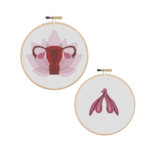 Clitoris + Uterus Feminist Cross stitch patterns, PDF instant download, Anatomy cross stitch chart