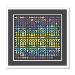 May include: A framed artwork featuring a grid of colourful skull-shaped figures. The skulls are arranged in a gradient pattern, with shades of purple, blue, green, yellow, and orange.