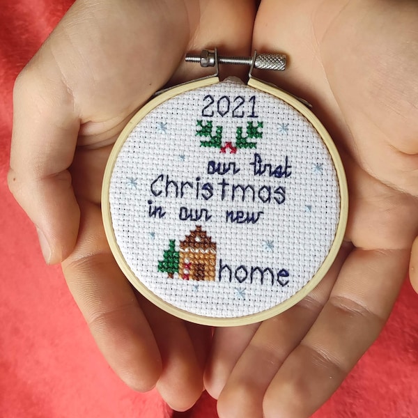 Cross Stitch Pattern Christmas Ornament, Our First Christmas in Our New Home, Our First New House Ornament, Cross Stitch Pattern 3 inches