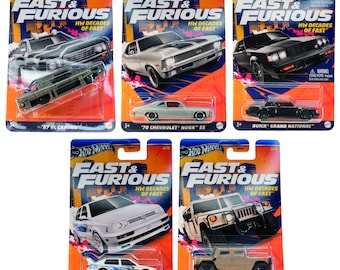 May include: Five Hot Wheels die-cast model cars from the Fast & Furious series. The collection includes a black '87 El Camino, a silver '70 Chevrolet Nova SS, a black Buick Grand National, a white Volkswagen Jetta MK3, and a tan Hummer H1.