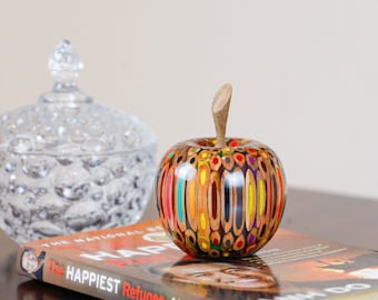Handmade Colored Pencil Apple Ornament, Christmas Decor, Housewarming Gift (4.3" x 2.7")